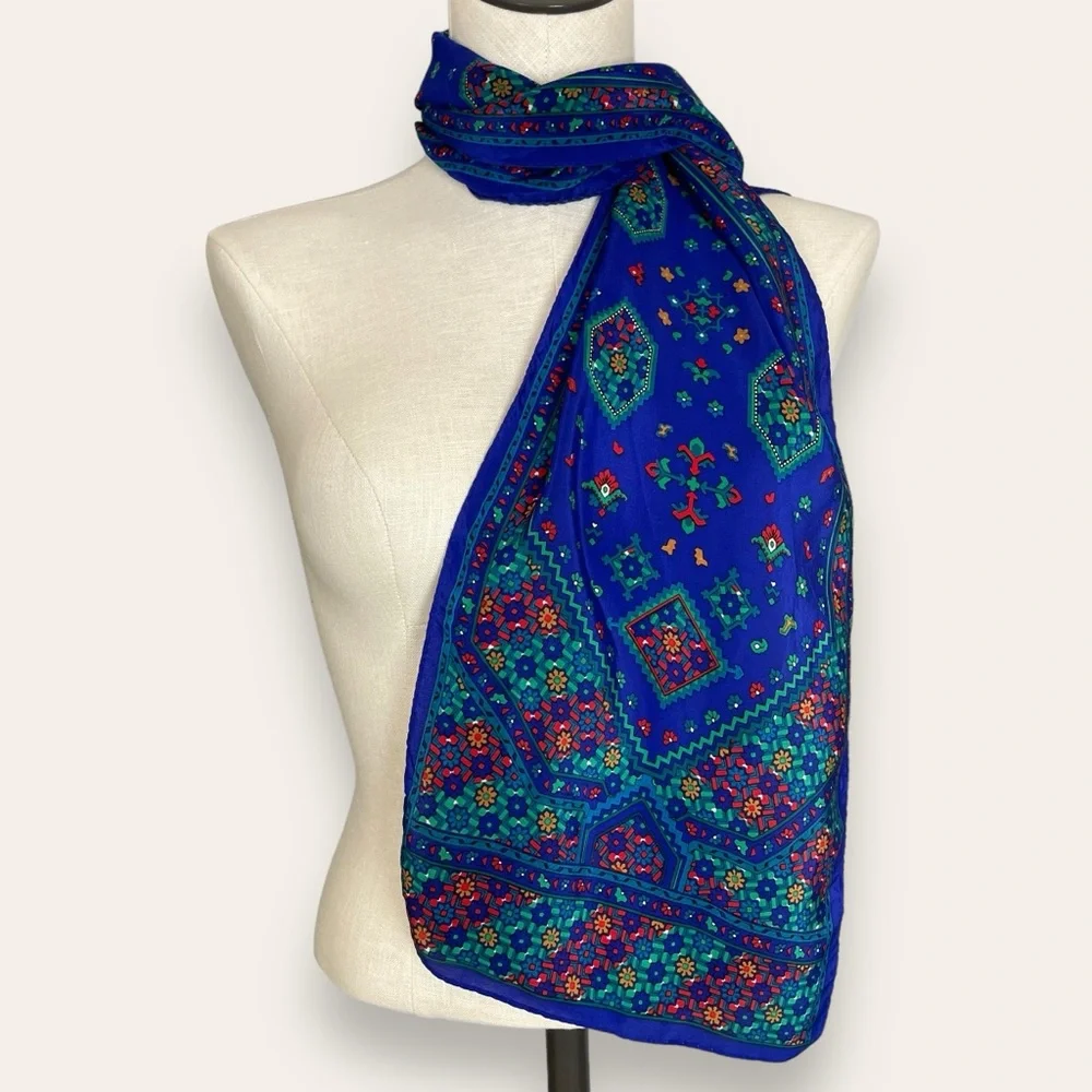 Vintage Blue Scarf Floral Geometric Pattern Long Rectangular Unique Retro Fun